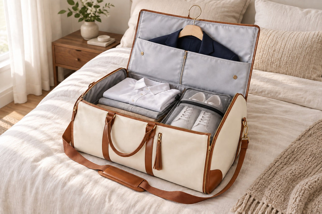 The Folvia Bag in Sand, open on a bed with a blazer on its hanger