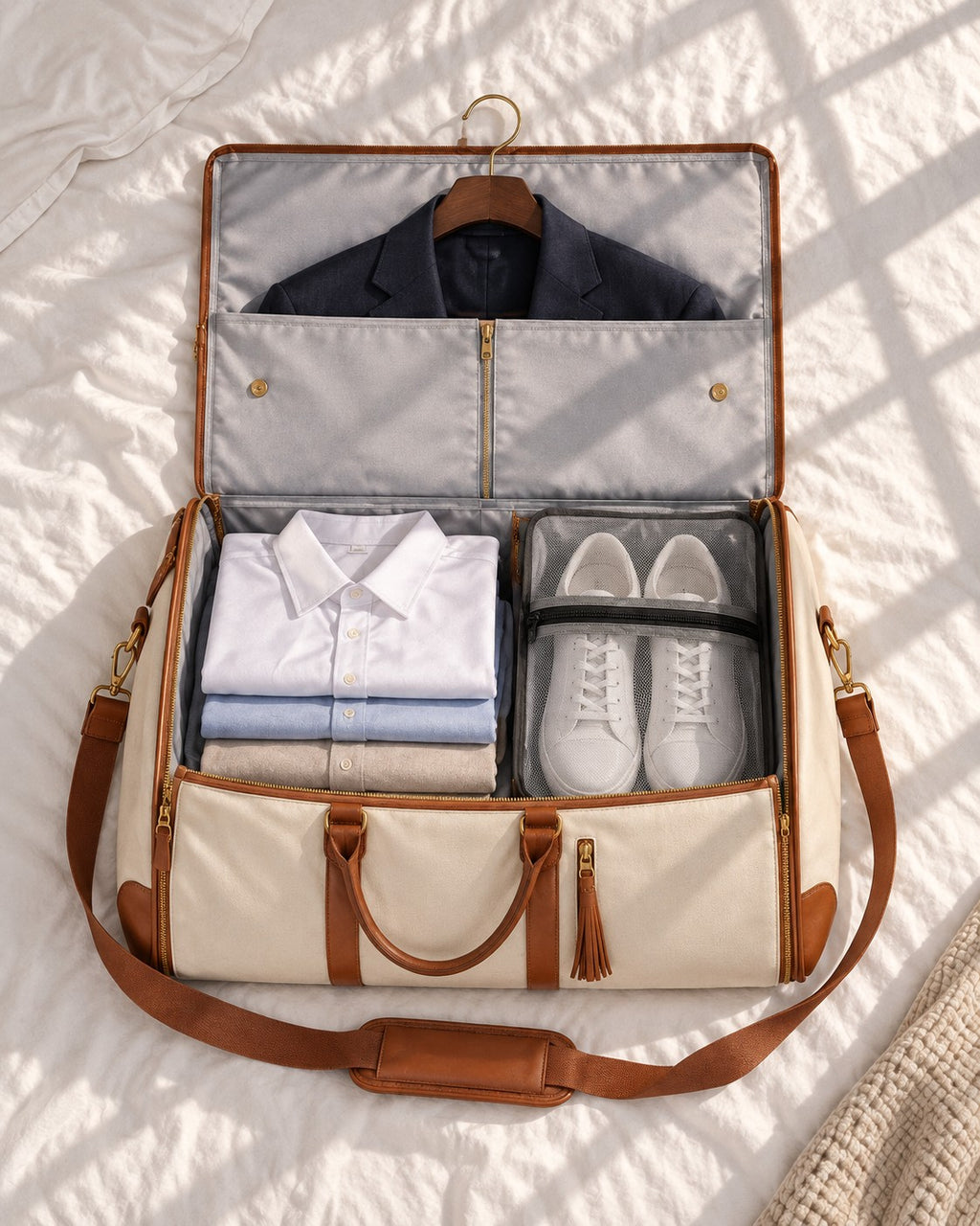 The Folvia Bag unzipped flat with a suit jacket, folded shirts and sneakers