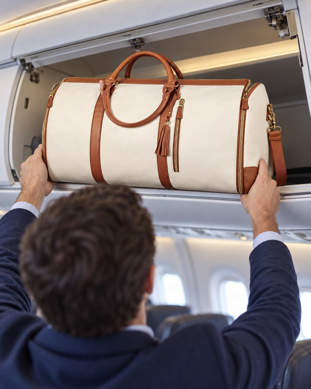 The Folvia Bag sliding into an airplane overhead bin