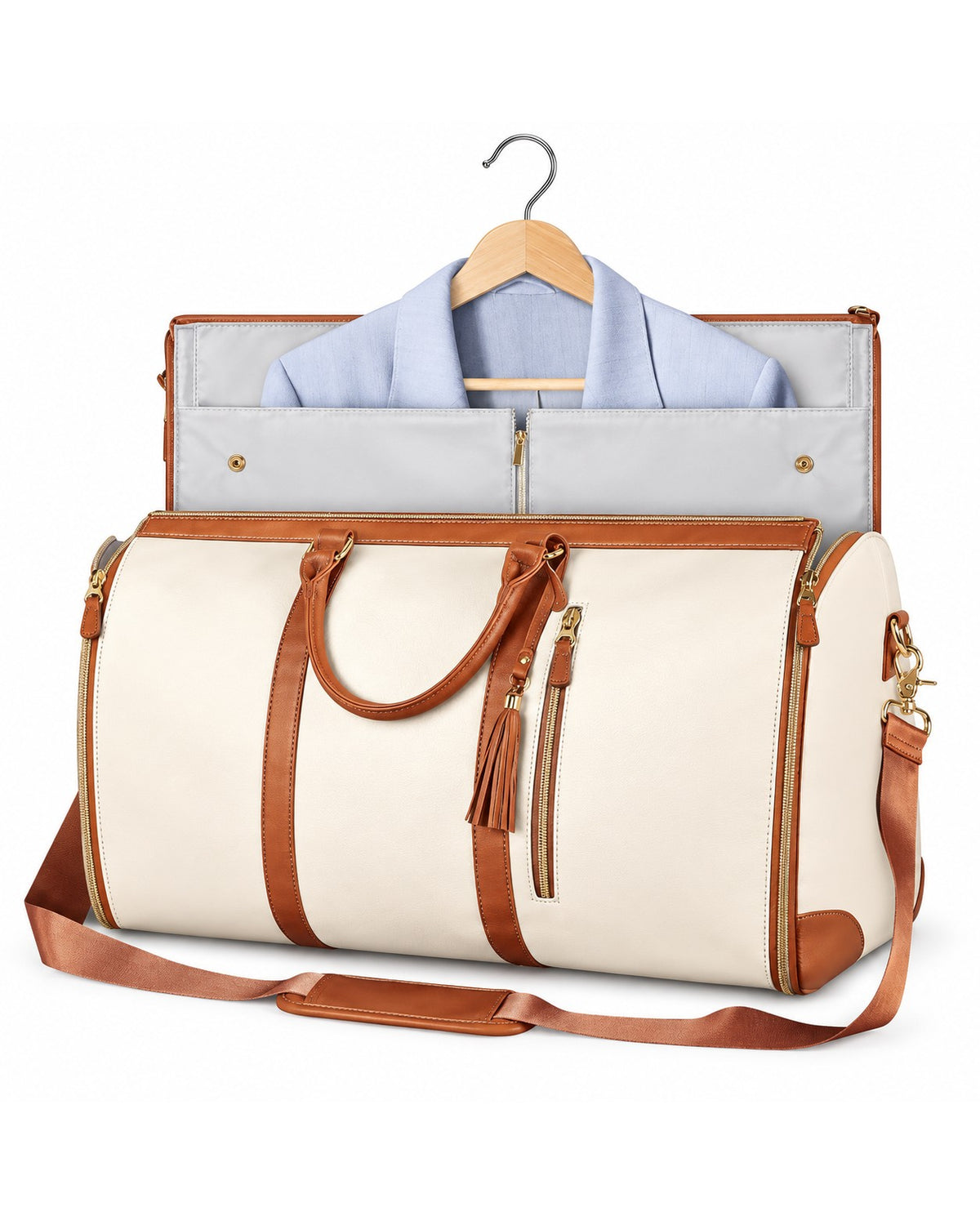 The Folvia Bag in Sand with the garment section open and a blazer on its hanger