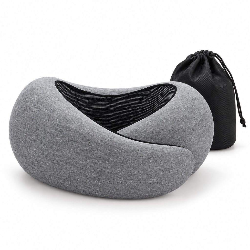 Memory foam neck pillow in dark grey with its carry pouch