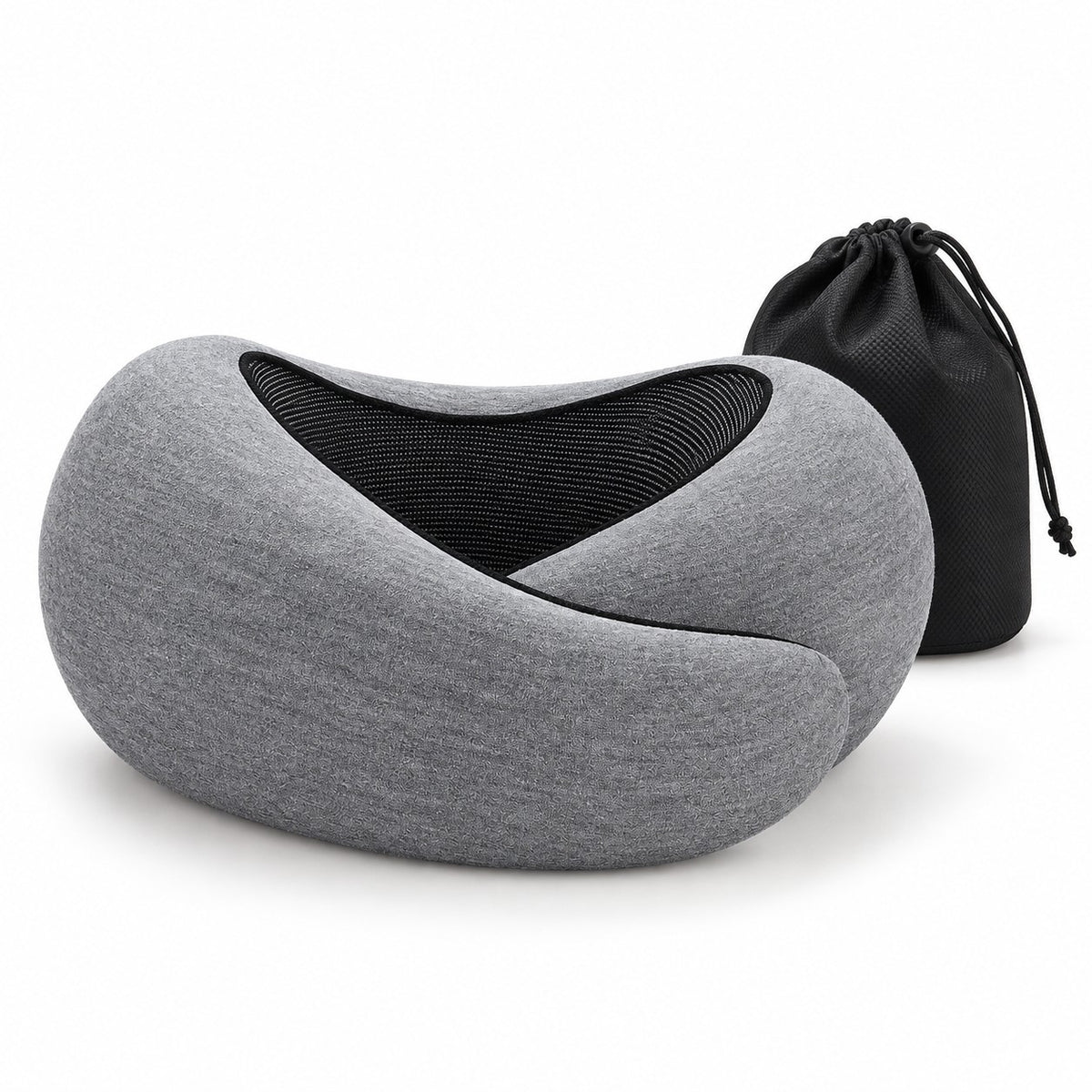 Memory foam neck pillow in dark grey with its carry pouch