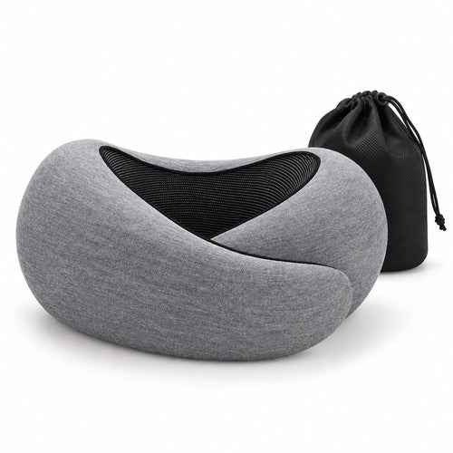 Memory foam neck pillow in dark grey with its carry pouch